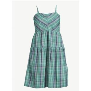 100% Organic Cotton Free Assembly Women-Medium Plaid Dress Tiered Tie Back Dress
